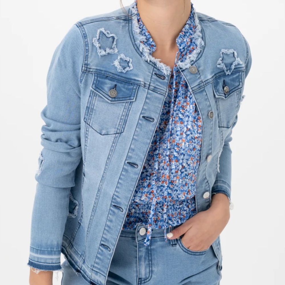 Renuar Distressed Star Accented Collarless Denim Jacket - $248 NWT!